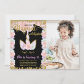 ブラックマジカルグリッターユニコーン誕生日w写真 招待状 (正面)