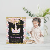 ブラックマジカルグリッターユニコーン誕生日w写真 招待状 (スタンド正面)