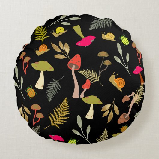 ブラックマッシュルームボタニカルラウンド装飾用クッション ラウンドクッション (正面)