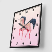 ブラックマネ付きピンクの北欧ユニコーン スクエア壁時計 (傾斜)