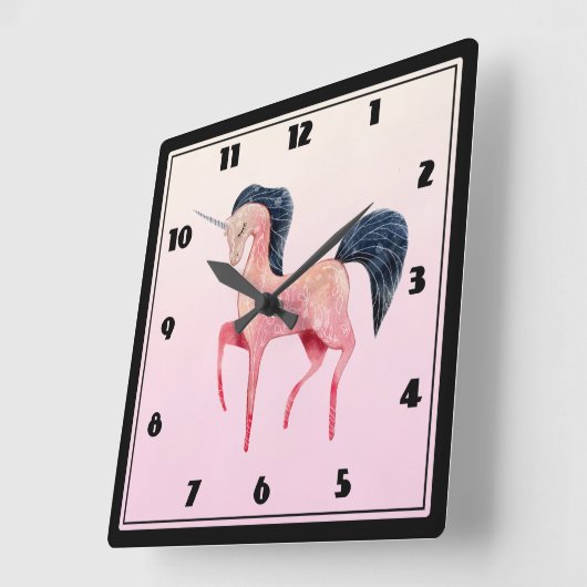 ブラックマネ付きピンクの北欧ユニコーン スクエア壁時計 (傾斜)