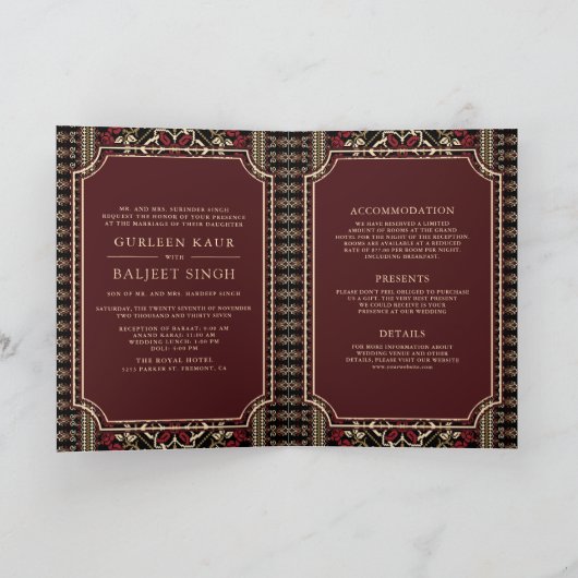 ブラックマルーンレッドイカットオールインワンシーク結婚ズ 招待状 (内部)