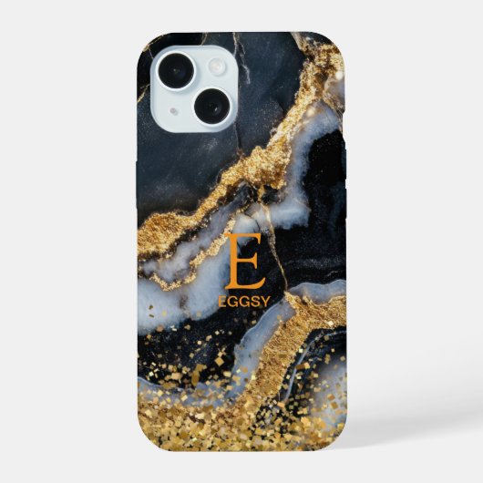 ブラックマーブルの高級感あふれるゴールドラメモノグラム iPhone 15ケース (裏面)
