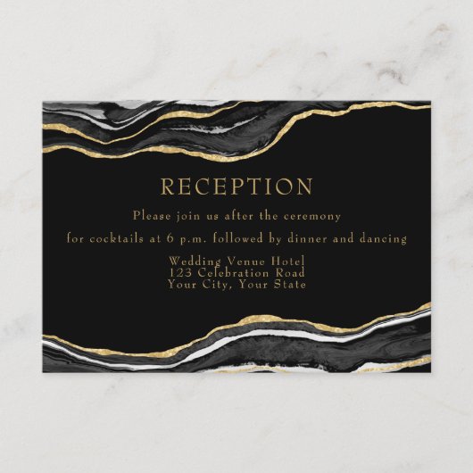 ブラックマーブルゲート金ゴールドグリッターウェディングレセプション エンクロージャーカード (正面)