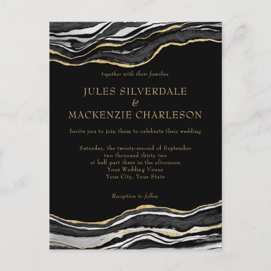 ブラックマーブルゲート金ゴールドグリッターエレガントウェディング ポストカード (正面)