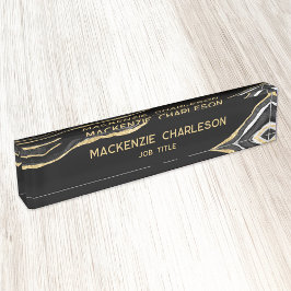 ブラックマーブルゲート金ゴールドグリッタープロフェッショナル デスクネームプレート