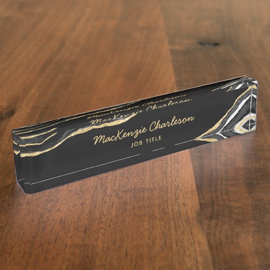 ブラックマーブルゲート金ゴールドグリッタープロフェッショナル デスクネームプレート (側面)