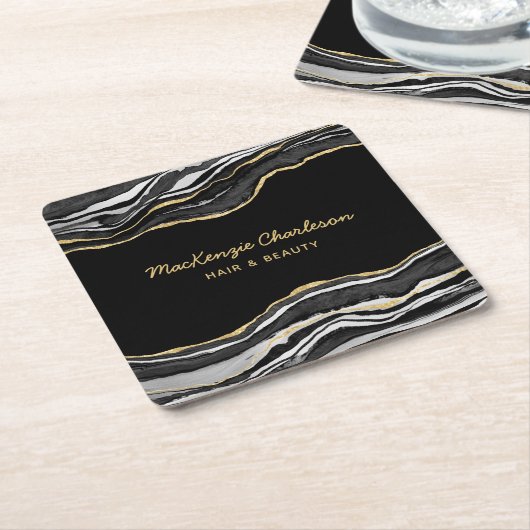 ブラックマーブルゲート金ゴールドグリッター スクエアペーパーコースター (アングル)