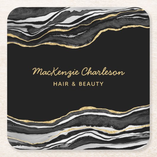 ブラックマーブルゲート金ゴールドグリッター スクエアペーパーコースター (正面)