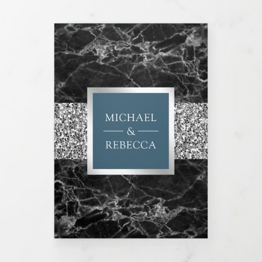 ブラックマーブルシルバーグリッターダスティブルー結婚ズ 三つ折り招待状 (カバー)