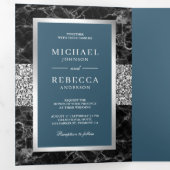ブラックマーブルシルバーグリッターダスティブルー結婚ズ 三つ折り招待状 (内部最初)