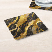 ブラックマーブルパターン ゴールド スクエアペーパーコースター (アングル)