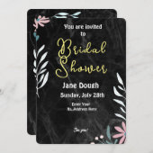 ブラックマーブル背景のミニマルなブライズシャワー 招待状 (正面/裏面)