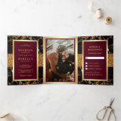 ブラックマーブル金ゴールドグリッターブルゴーニュ結婚レッド 三つ折り招待状 (内部)