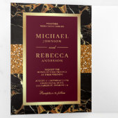 ブラックマーブル金ゴールドグリッターブルゴーニュ結婚レッド 三つ折り招待状 (内部最初)