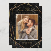 ブラックマーブル ゴールド ジオメトリック フォト セーブ・ザ・デート (正面/裏面)