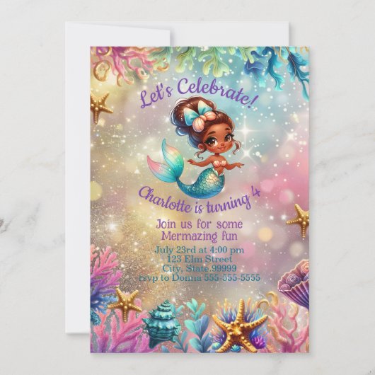 ブラックマーメイドカワイバースデーガール招待状 招待状 (正面)