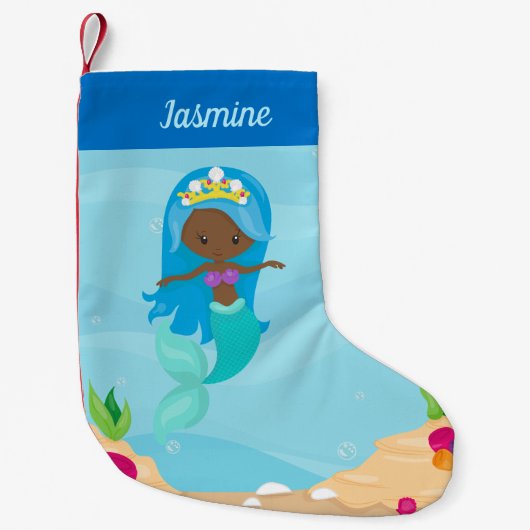 ブラックマーメイドガールかわいいカスタムアフリカ系アメリカ人 スモールクリスマスストッキング (正面)