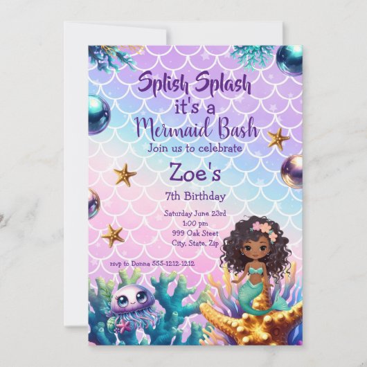 ブラックマーメイド誕生日招待状 子供へ 招待状 (正面)