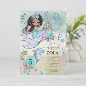 ブラックマーメイド　海の下で編集可能　５歳の誕生日 招待状 (スタンド正面)