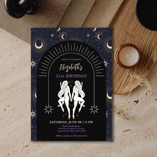ブラックミスティックジェミニ〔占星術の〕十二宮図21歳の誕生日 招待状