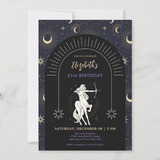 ブラックミスティック射手座〔占星術の〕十二宮図21st誕生日 招待状 (正面)