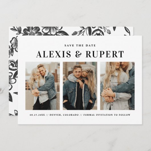 ブラックミニマはっきりしたリストタイポグラフィフォトコラージュ セーブザデート (正面/裏面)