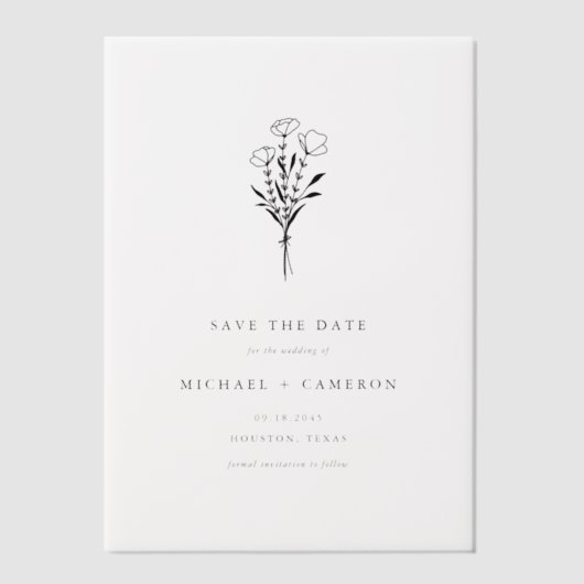 ブラックミニマリストのボタニカル日付を保存 ベラム紙招待状 (正面)
