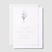 ブラックミニマリストのボタニカル日付を保存 ベラム紙招待状 (オフセット)