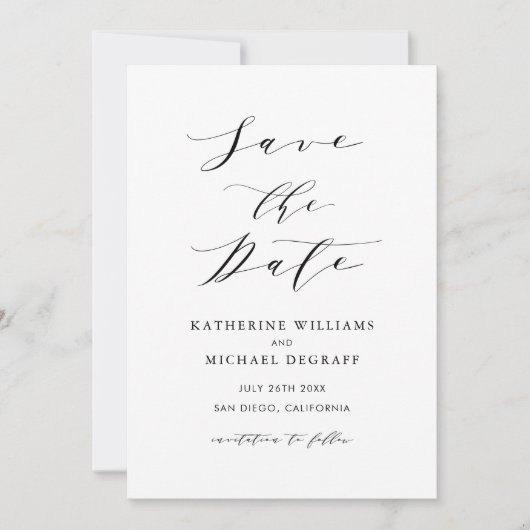 ブラックミニマリストスクリプトセーブ・ザ・デート案内 招待状 (正面)