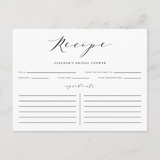 ブラックミニマリストスクリプトブライダルシャワーレシピカード ポストカード (正面)