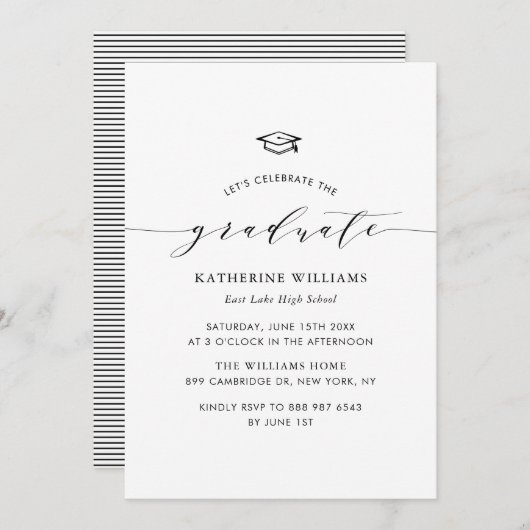 ブラックミニマリストスクリプト卒業招待状 招待状 (正面/裏面)