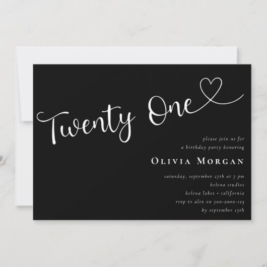 ブラックミニマリストスクリプト21歳の誕生日 招待状 (正面)