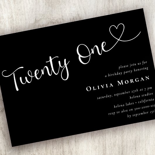 ブラックミニマリストスクリプト21歳の誕生日 招待状