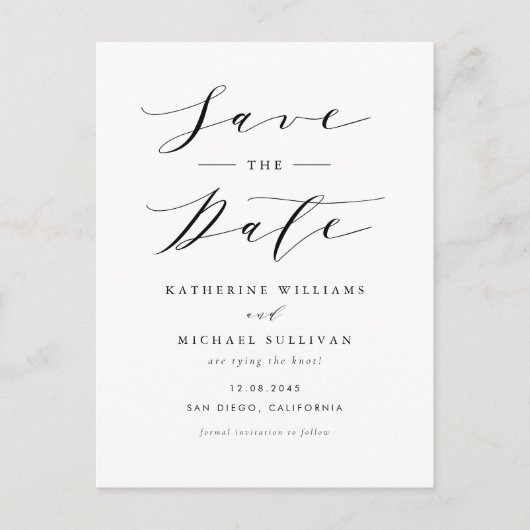 ブラックミニマリストスクリプトQRコード日付の保存 ポストカード (正面)