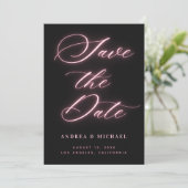 ブラックミニマリストピンクネオンフォト&QRコード結婚ズ セーブザデート (スタンド正面)