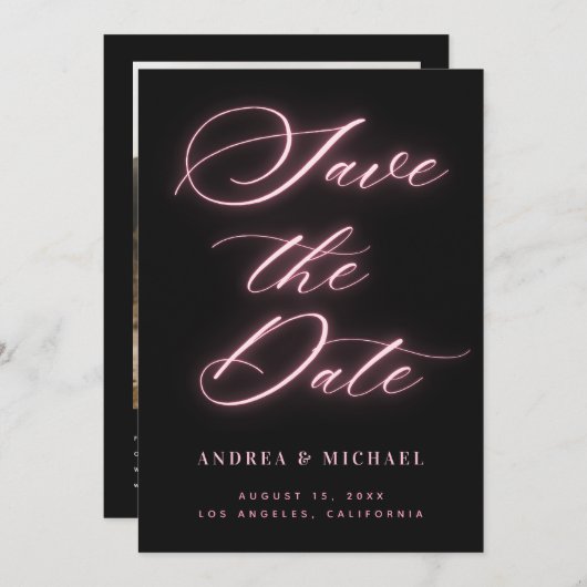 ブラックミニマリストピンクネオンフォト&QRコード結婚ズ セーブザデート (正面/裏面)