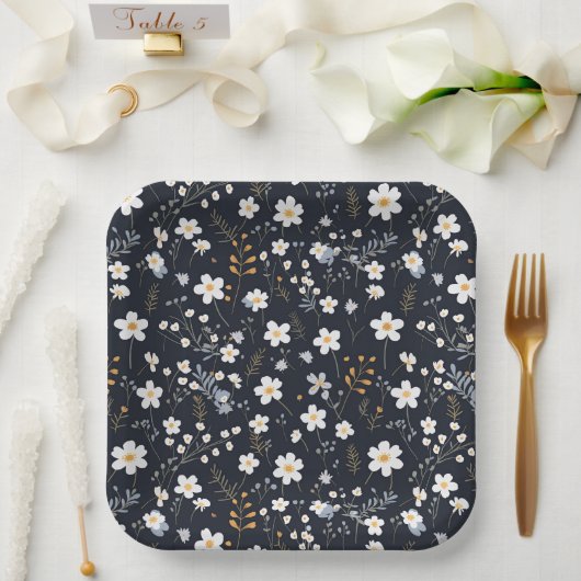 ブラックミニマリスト優しいガーデンワイルドフラワー子供部屋 ペーパープレート (ウェディング)