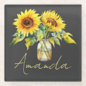 ブラックミニマリスト名に明るい黄色のひまわり ガラスコースター (正面)