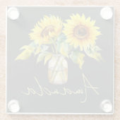 ブラックミニマリスト名に明るい黄色のひまわり ガラスコースター (裏面)