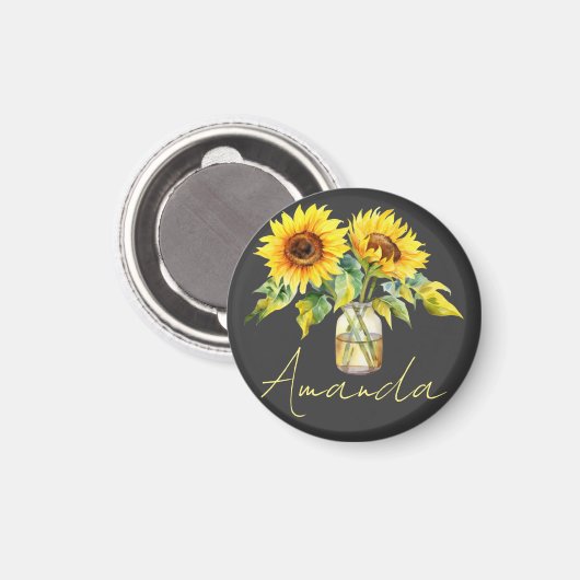 ブラックミニマリスト名に明るい黄色のひまわり マグネット (正面/裏面)