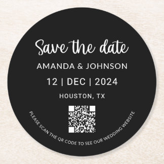 ブラックミニマリスト結婚式の日付を保存QRコード ラウンドペーパーコースター