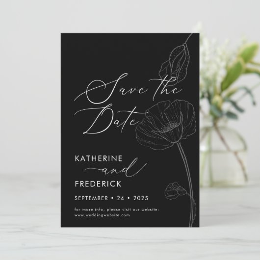 ブラックミニマルエレガントリストワイルドフラワー日付を保存 招待状 (スタンド正面)