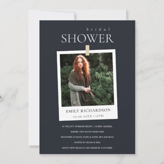 ブラックミニマルカスタムフォトブライダルシャワー招待状 サンキューカード (正面)