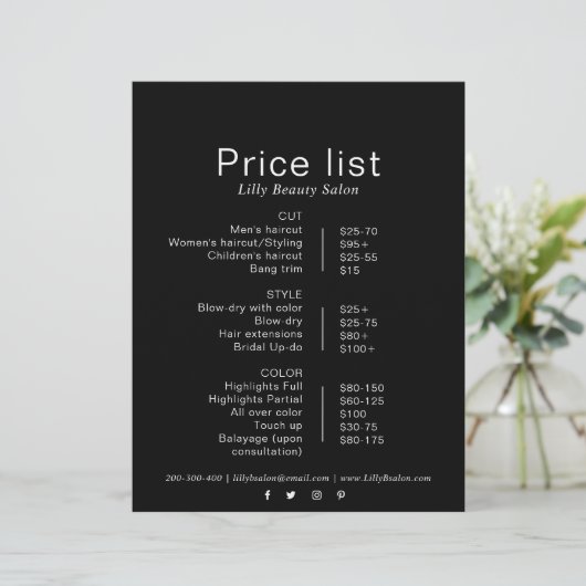 ブラックミニマルフォーマルリスト美しいサロン価格表 (スタンド正面)