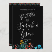 ブラックミニマルフローラウェディングレセプション 招待状 (正面/裏面)