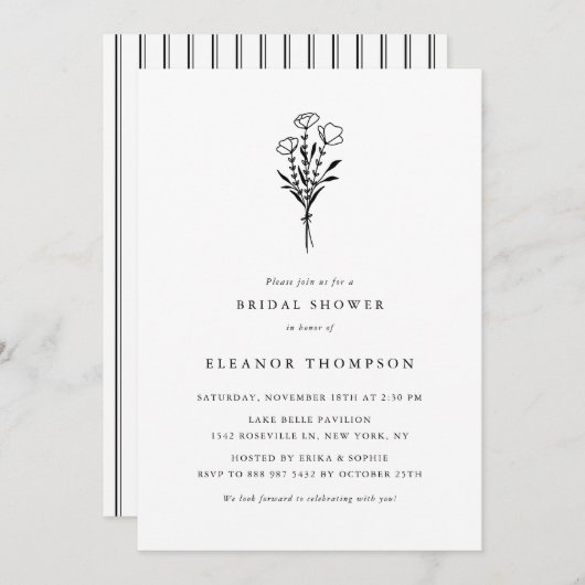 ブラックミニマルフローラブーケブライダルシャワー 招待状 (正面/裏面)
