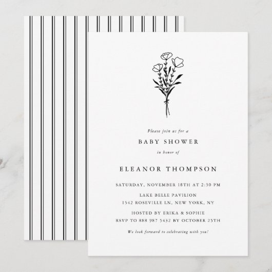 ブラックミニマルフローラブーケベビーシャワー 招待状 (正面/裏面)