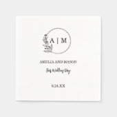 ブラックミニマルフローラモノグ結婚ラム スタンダードカクテルナプキン (正面)