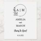 ブラックミニマルフローラモノグ結婚ラム ワインラベル (シングルラベル)